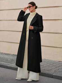 EURMUSE Lapel Collar Double-Breasted Belt Extra Long Overcoat - Black - View 7