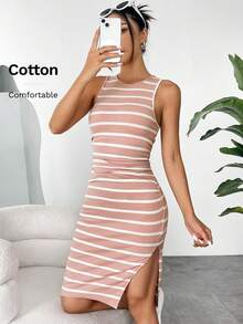 SHEIN EZwear Women's Striped Knit Sleeveless Dress - Pink - View 7