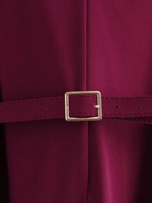 GlowEve 2pcs Women Elegant Solid Color V-Neck Metal Chain Ruffle Hem Long Sleeve Top And Straight Leg Pants Set - Red - View 3