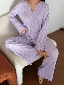 DAZY Bow Tie & Ditsy Floral Knit Women Pajama Set - Mauve Purple - View 3