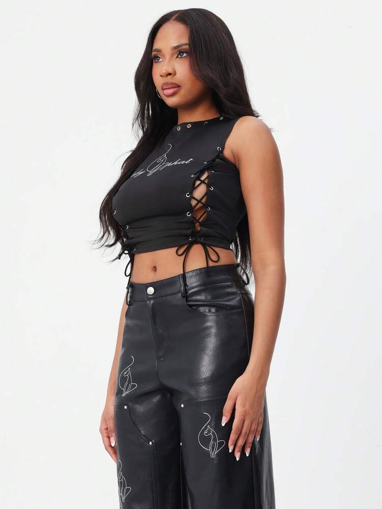 BABYPHAT アイレット レース アップ サイド ディテール タンクトップ、調整可能なドローストリング タイ クルーネック ノースリーブ サマーフェスティバル パーティートップ