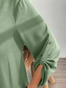 SHEIN Essnce Đầm đen dáng suông thoải mái, đa năng, ôm dáng, có thể điều chỉnh độ dài tay áo, dành cho nữ cỡ lớn, thời trang mùa xuân và mùa thu, trang phục mùa thu, đầm đen cho nữ, trang phục đi nhà thờ cho nữ, đầm dễ thương tôn dáng, kiểu dáng đơn giản. - Màu xanh Bạc hà - Xem 6