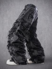 Manfinity Denimwave Men's Casual Distressed Frayed Hem Dark Grey Denim Jeans - Black - View 1