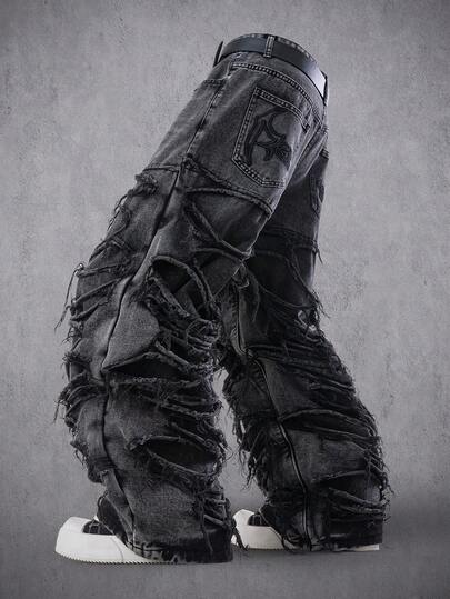 Manfinity Denimwave Men's Casual Distressed Frayed Hem Dark Grey Denim Jeans