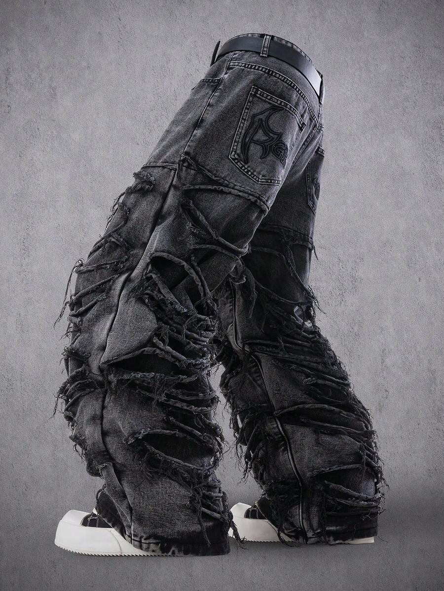 Manfinity Denimwave Men's Casual Distressed Frayed Hem Dark Grey Denim Jeans - Black - View 1