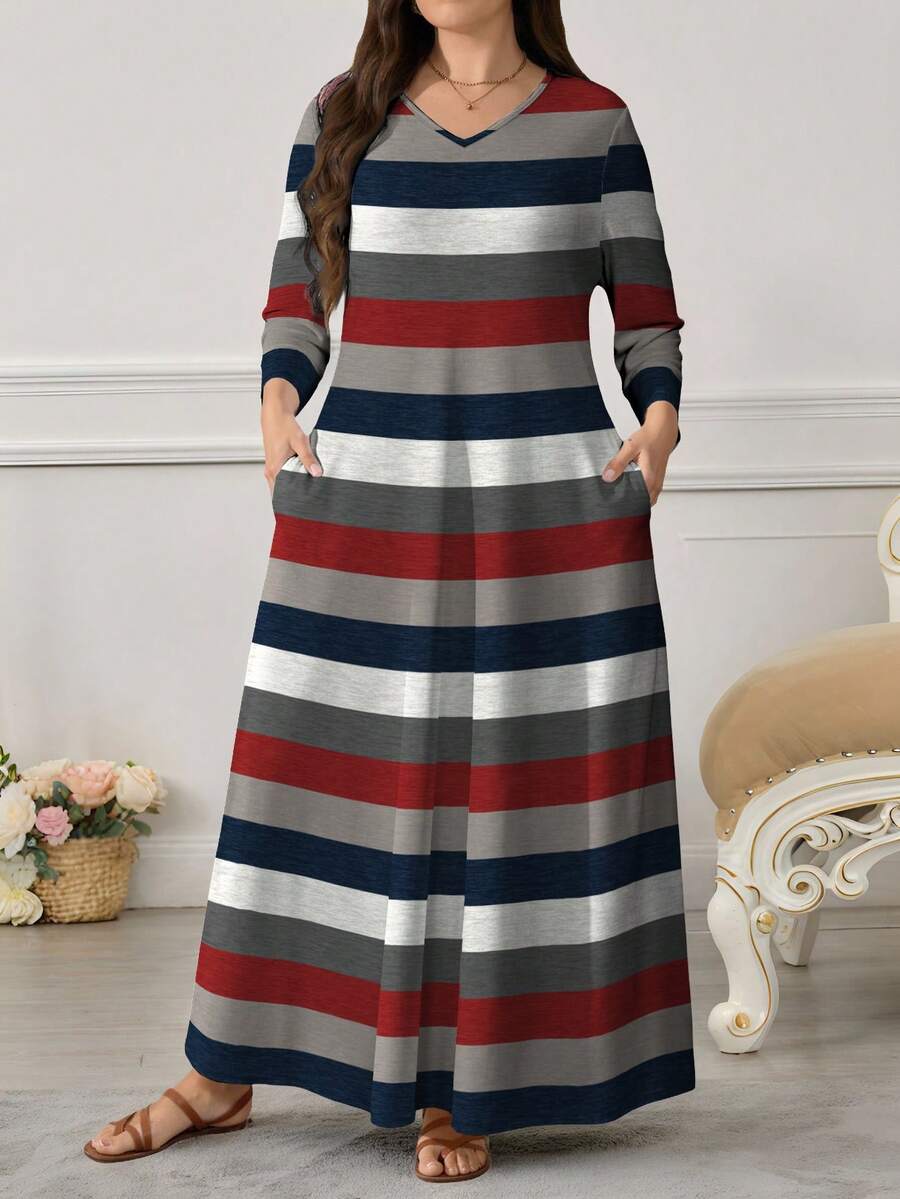 Lacomfia Women's Retro Striped Digital Print Casual Round Neck Long Sleeve Pocket Maxi Dress, Fashionable & Elegant - Multicolor - View 1