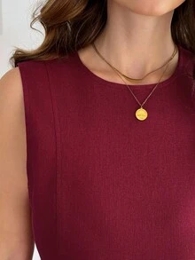 Easowa 女士纯色圆领无袖休闲通勤迷你连衣裙 - 紅色 - 查看 5