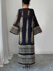 SHEIN Elenzya 女士缎面无肩带抹胸上衣搭配黑色网纱刺绣喇叭袖披肩两件套，奢华派对装，春夏款 - 黑色 - 查看 2