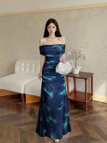 Modelyn Đầm cưới/đầm dự tiệc thanh lịch dành cho nữ, chất liệu lưới hoa, kiểu trễ vai, xếp ly eo. - Nhiều màu - Xem 5