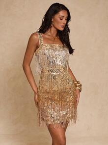 Glamine Rave Summer Dress Fashion Sequin Backless Dress Suspender Tassel Short Women Dresses Green Dress For Holiday Party Clothes - Gold - View 5