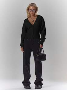 MUSERA V-Neck Cable Knit Cinched Waist Cardigan Fall Autumn Cosy Cute Casual Coffee Club Winter  Elegant Evening Party - Black - View 3