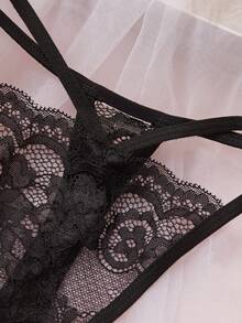 Women's Floral Lace Circular Ring Hollow Design Seamless G-String Panties - Black - View 7