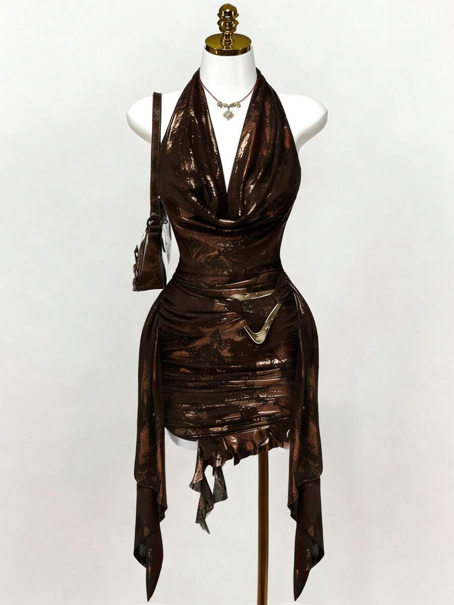 SHEIN Unity Glamour Women's Coffee Brown Metallic Mesh Mini Dress,Summer 70s Retro Backless Ruched Scarf Dress, Club Night Party Elegant Sparkly Dress - Coffee - View 1