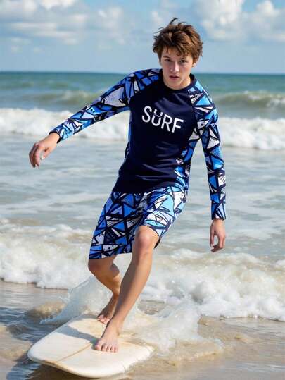 SHEIN 男童防晒泳衣套装 - 儿童短袖泳装冲浪防晒套装 8-12岁