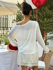 Muchica Women's White Asymmetrical Shoulder Rhinestone Embellished Long Sleeve T-Shirt For Going Out Outfits, Streetwear, Y2K Clothes, Valentine's Day,Spring Outfits Off Shoulder Tee - White - View 2