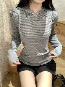 DAZY Teen Girl Striped Print Hooded Long Sleeve T-Shirt And Crew Neck Tank Top Set - Grey - View 2