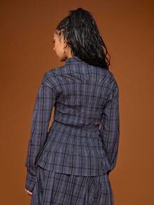 COUREZ Chemise ajustée à manches longues froncée en carreaux noirs et bleus / Top à la mode Y2K pour l'automne et l'hiver, Top de sortie, streetwear, Nouvel An - Bleu marine - Voir 3