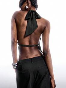 LYSMO 新款极简主义春夏女装，纯色，立领，无袖，荷叶边下摆，不对称下摆，时尚上衣，黑色上衣，不对称上衣，黑色上衣，女士性感上衣。 - 黑色 - 查看 3