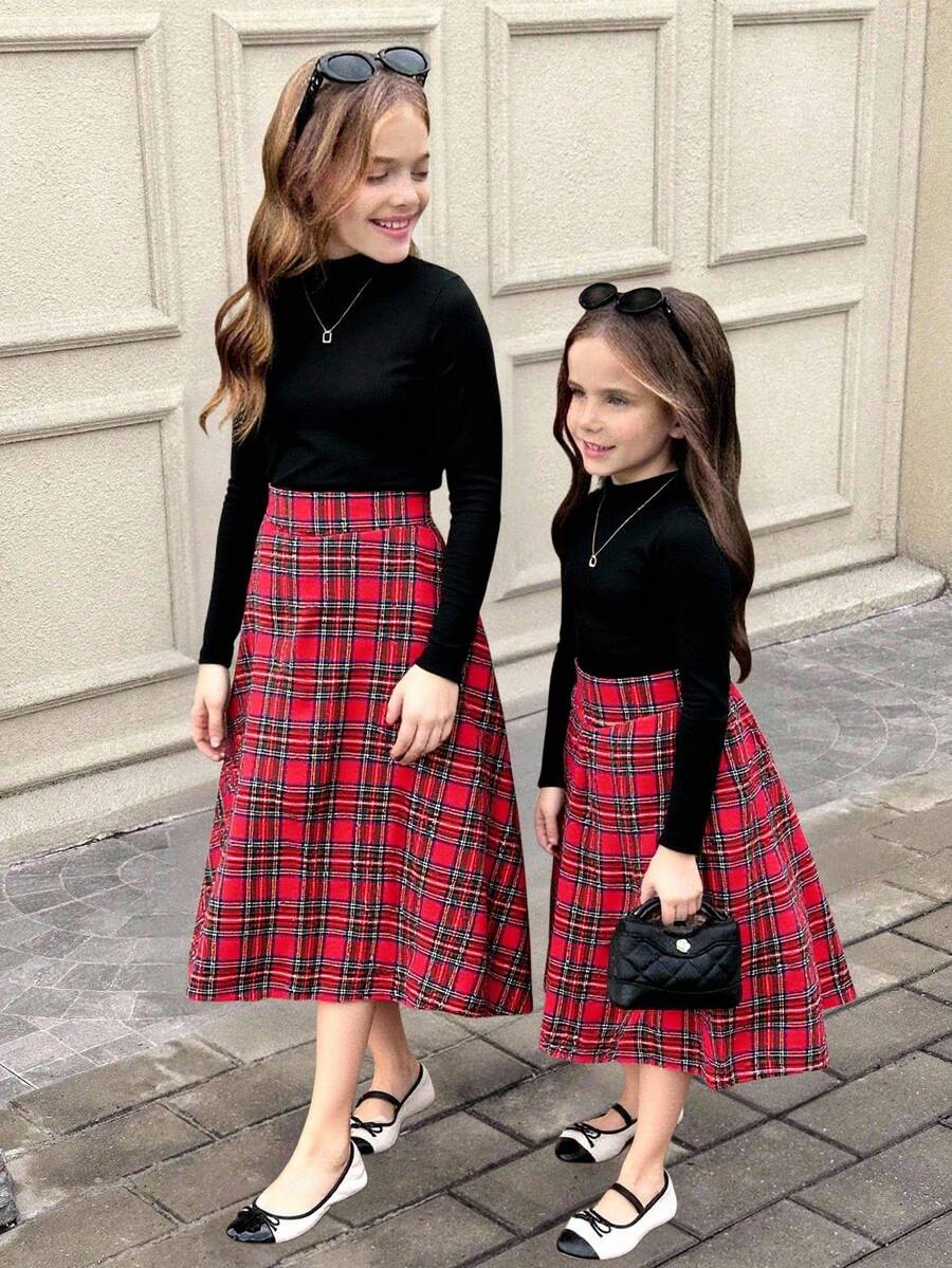 Conjunto de camiseta básica y falda a cuadros para niña preadolescente ...