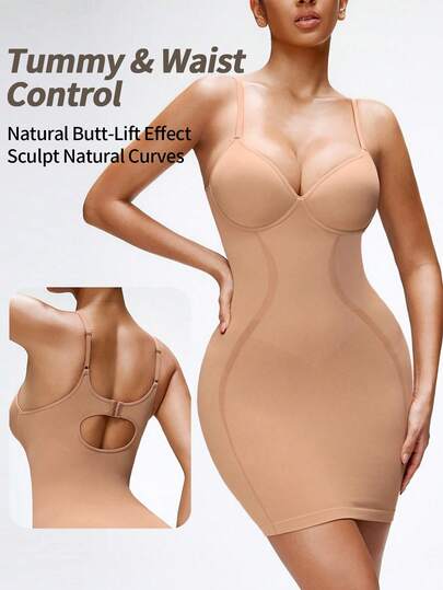 SHAPORA 1 pieza Vestido moldeador sin costuras para mujer, con efecto de moldeado de cintura y abdomen, vestido ajustado sexy con espalda descubierta y calado, vestido moldeador de unicolor y cómodo