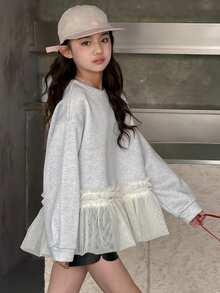 DAZY Tween Girls' Round Neck Knit Thermal Lined Mesh Patchwork Cute Long Sweatshirt, Autumn