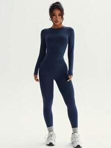 Dewbera 女士无缝运动套装，紧身长袖上衣和高腰收腹打底裤 - 藏蓝色 - 查看 6
