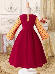 SHEIN Long-Sleeved Floral Print Sequin Abaya Arabic Muslim Young Girls Dresses Fitted Waist - Multicolor - View 3