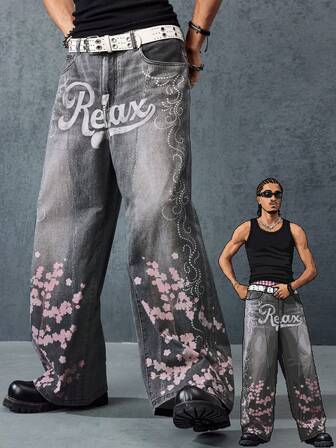 Anime Jeans de mezclilla casual con estampado para hombres