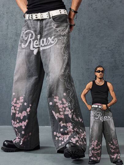 Anime Men's Casual Floral Printed Denim Jeans