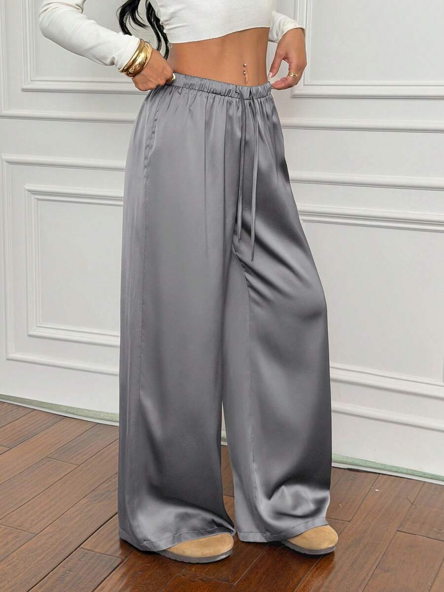 SHEIN PETITE Women's Low-Waist Casual Retro Satin Versatile Brown Marl Color Long Skirt - Grey - View 1