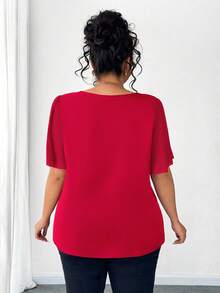 Elenzga Plus Size Asymmetrical Ruffle Collar Button Decor Short Sleeve Elegant Blouse - Red - View 2