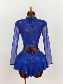 Amplova 两件套：亮片装饰性感紧身长袖露脐上衣和紧身倒V领迷你裙 - 寶藍色 - 查看 2