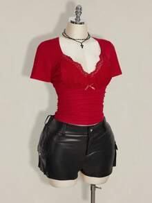 SHEIN ICON Áo thun dệt kim ôm sát cổ chữ V, viền ren, eo vá cỡ lớn, áo phông gợi cảm cho mùa xuân/hè, áo cánh cho khách dự tiệc cưới - Đỏ - Xem 8