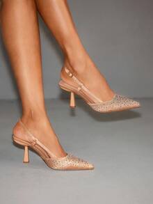 CUCCOO SZL Women's Fashion Rhinestone Decorated Backstrap High Heel Pumps For Christmas Spring Shoes - Champagne - View 6