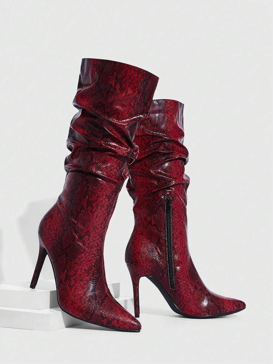 CUCCOO SZL Women's Fashion Pointed Toe Snake Skin Pattern Knee-High Boots - Burgundy - View 1