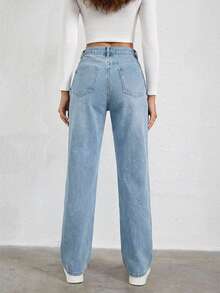 100%Cotton Slant Pocket Straight Leg Jeans - Baby Blue - View 2