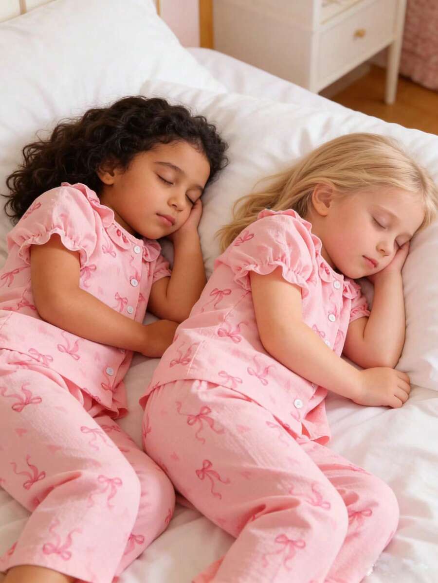 女童粉色蝴蝶结爱心图案荷叶边领开衫和裤子套装