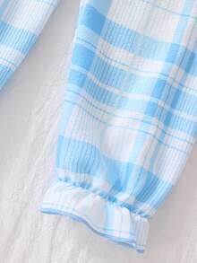 Young Girl' Countryside Plaid Ruffle Collar Cherry Embroidery Cardigan & Pants Set