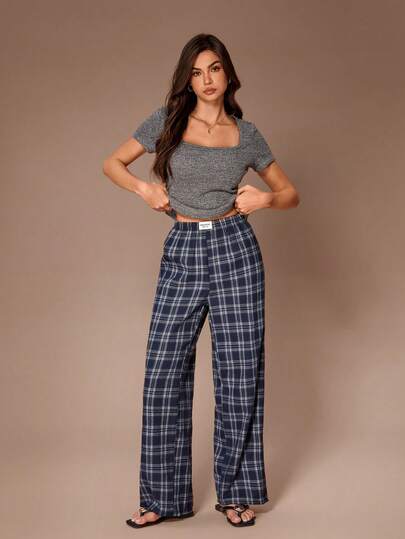 Lazeform Dampyjamas med fyrkantig halsringning och kortärmad vävd rutig byxa, casual och enfärgad