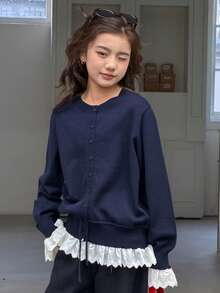 DAZY Tween Girls Round Neck Contrast Lace Casual Cardigan Spring - Navy Blue - View 1