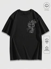 ROMWE MEN Academia Camiseta de manga corta de cuello redondo negra con estampado de cruz y letras para hombre - Negro - Ver 2