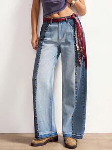 Bohemela 女士休闲梭织牛仔拼接宽松水洗裤 - 藍色 - 查看 1