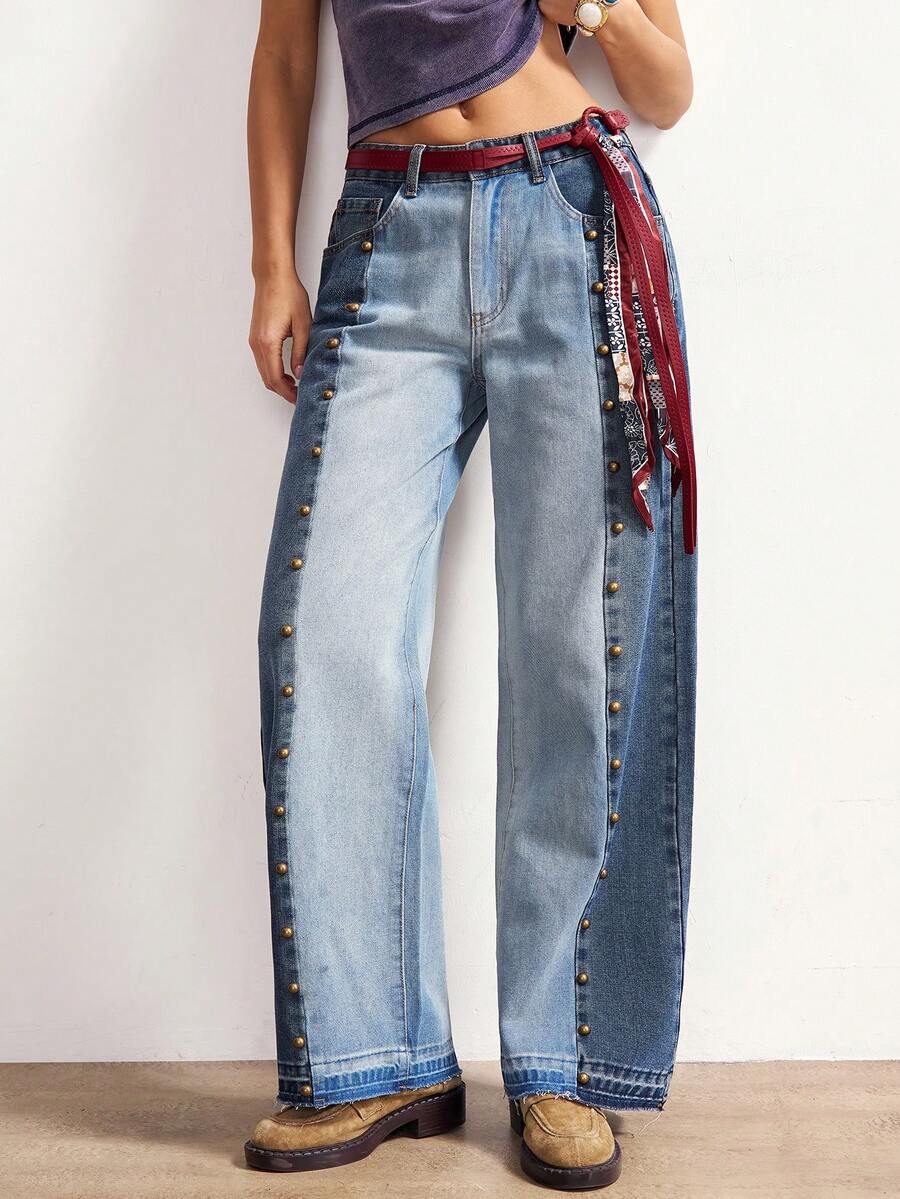 Bohemela 女士休闲梭织牛仔拼接宽松水洗裤 - 藍色 - 查看 1