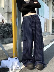 DAZY Quần jeans nữ ống rộng dáng thể thao Hàn Quốc kẻ sọc, túi hộp, phong cách đường phố. - Màu xanh lam - Xem 5