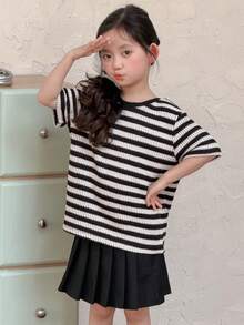 DAZY Young Girls Round Neck Striped Casual Short Sleeve T-Shirt Summer - Black and White - View 3