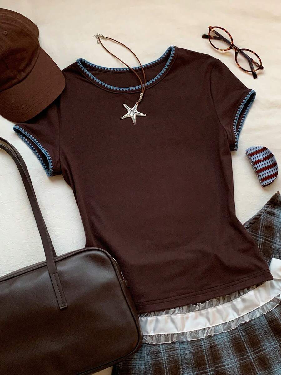 Comfortcana 女士花卉边饰圆领短袖休闲百搭T恤