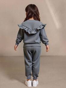 SHEIN Elladie kids 2 件套年轻女孩休闲荷叶边刺绣运动衫上衣 + 运动裤，适合搭配夹克、外套、连帽衫，适合秋冬季日常外出 - 深灰色 - 查看 2