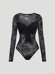 SHEIN Sweetro Women's Lace Sheer Elegant Sexy Tie-Up Bow Bodysuit, Slim Fit Long Sleeve Romper For Party, Spring/Autumn