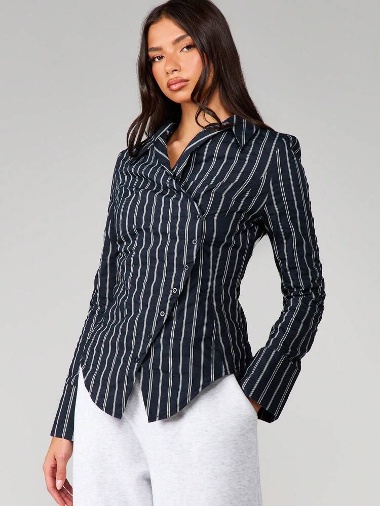 MISSGUIDED Asymmetric Fitted Stripe Button Down Shirt Long Sleeve Collared Office Business Professional Work Blouse Fall Winter
