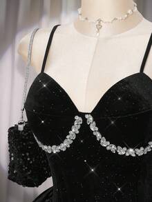 SHEIN ICON Robe moulante en velours à fleurs avec strass pour femmes grandes tailles - Noir - Voir 6